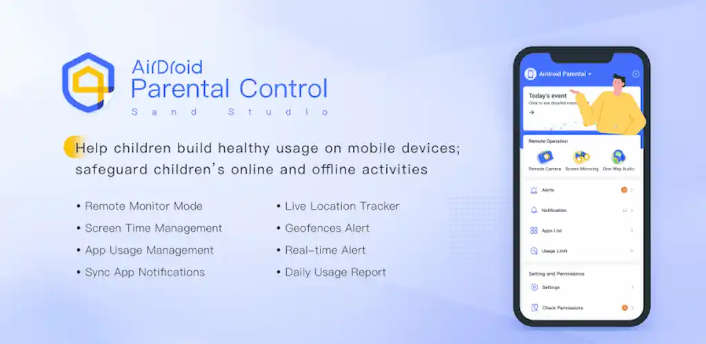 AirDroid Parental Control Mod APK app interface showcasing child safety features.